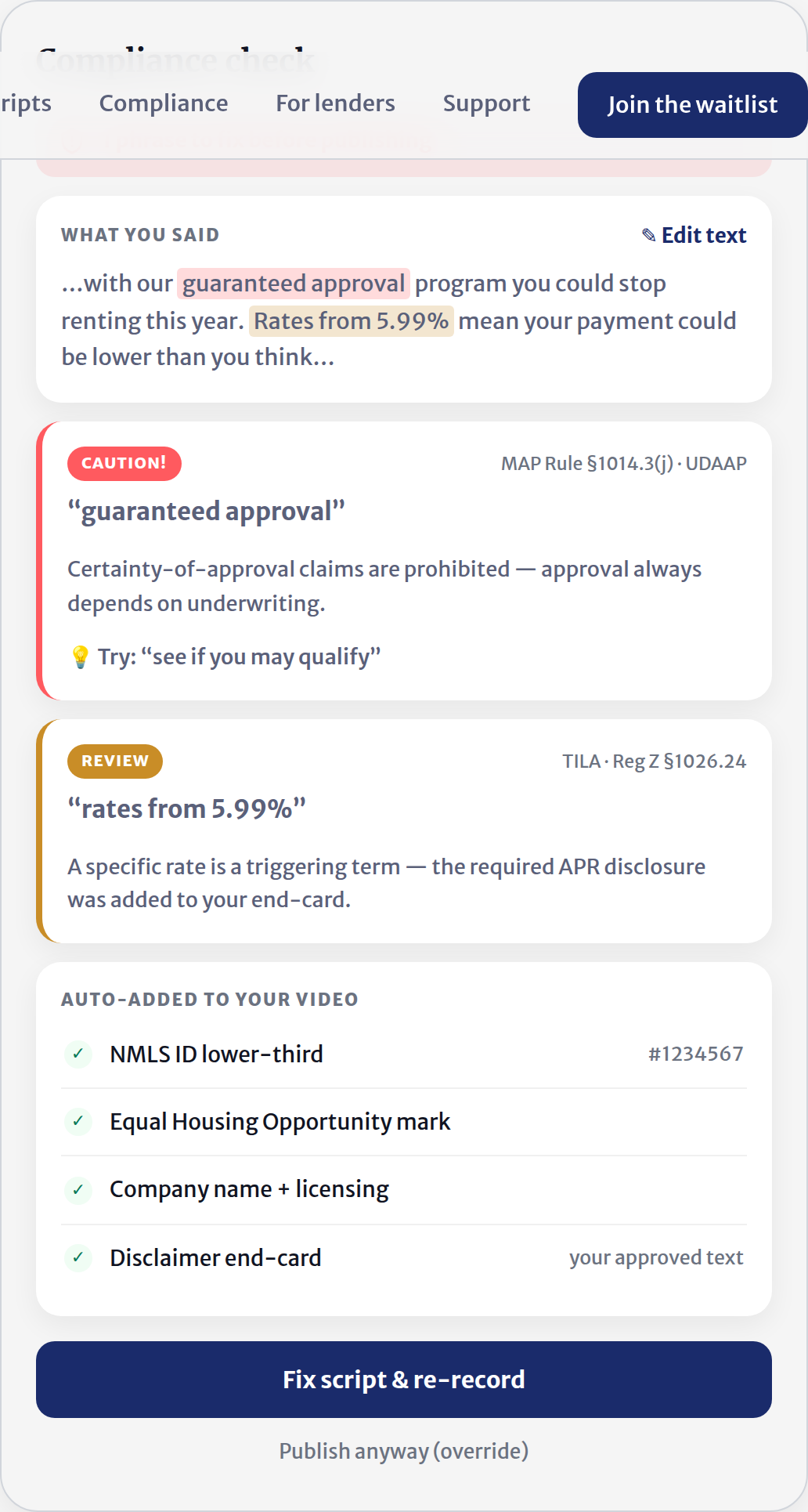 The compliance check screen: flagged transcript phrases with rule citations, suggested fixes, and auto-added disclosures